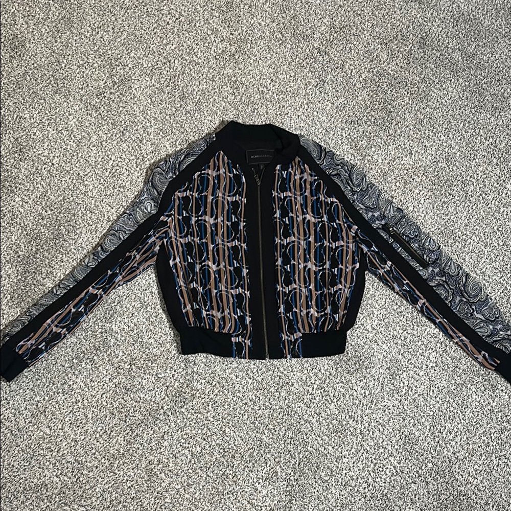BCBGMaxAzria Black and Blue Bomber Jacket with Quilted Design
